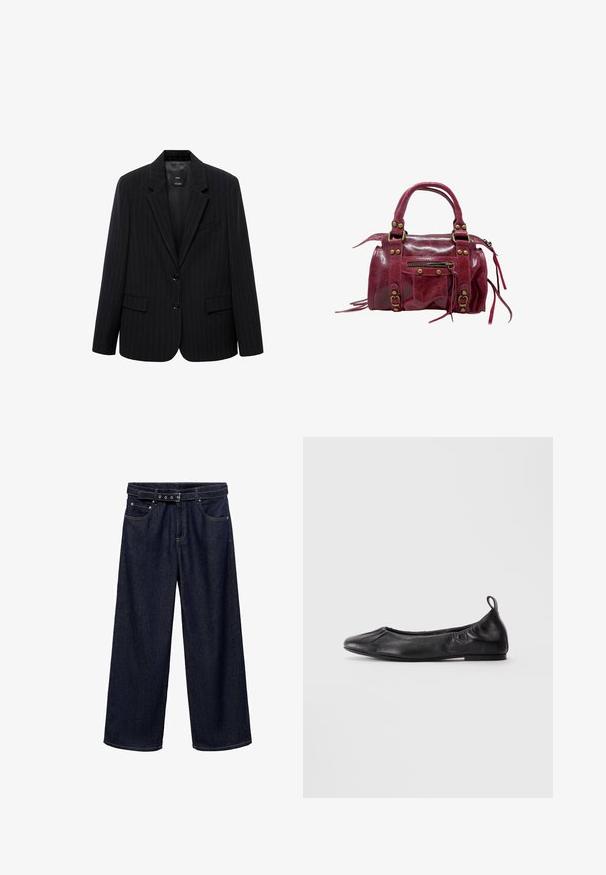 Czarna marynarka w prążki z wyłamią klapową, zapinana na guziki z przodu i z dwiema kieszeniami z przodu. Wykonana z gładkiego materiału o dopasowanym kroju.; Asymetryczny beżowy top wykonany z gładkiego materiału, z dekoltem na szyję, drapowanym przodem i zapięciem na guziki z tyłu, ozdobiony wiązaniem na dole.; Ciemnoniebieskie dżinsy o szerokich nogawkach. Posiadają pasek w talii z wieloma guzikami, kieszenie z przodu oraz estetyczne wykończenie na mankietach.; Czarne skórzane baleriny z okrągłym czubkiem, zebranymi elastycznymi bokami i pętelką na pięcie, prezentowane na jasnym tle.; Czerwona skórzana torba na ramię o błyszczącej powierzchni, solidnej konstrukcji, podwójnych uchwytach, zamykana na zamek, z dekoracyjnymi klamrami i boczną kieszenią z frędzlami.