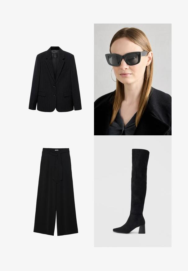 Mustat raidalliset bleiserit, joissa on lovetut kaulukset, etupainikkeet ja kaksi etutaskua. Valmistettu sileästä kankaasta, joka on muotoiltu hyvin.; Musta pitkähihainen paita, jossa on kyynärpäissä ja edessä rypytetty kangasdetalji. Valmistettu pehmeästä, joustavasta materiaalista ja avokorcista kaula-aukosta.; Mustat leveät housut, joissa on teksturoitu kangas, joustava vyötärö ja irrotettava nauha vyötäröllä säädettävää istuvuutta varten.; Musta samettinen polvipitkä saapas, jossa on lohkarekorko, terävä nilkka ja sileä, saumatonta muotoilua tasaisella vaalealla taustalla.; Mustan kissakuvioisen aurinkolasit tummilla linsseillä, paksuilla kehyksillä ja hillityillä yksityiskohdilla. Yhdistetty mustaan takkiin ja harmaaseen paitoihin, joissa on pitkät suorat hiukset.