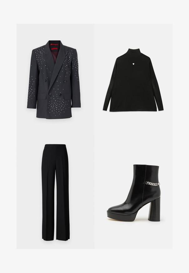 MAX&Co. VISCHIO - Blazer - mittelgrau melange; Suéter negro de cuello alto con mangas largas, que presenta un pequeño emblema de corazón blanco en el pecho. Tejido suave y corte relajado.; Pantalones de pierna ancha negros con una textura suave, que presentan una cintura alta y pliegues centrales. Sin patrones visibles ni detalles de hardware.; Botín de tobillo de charol negro con plataforma chunky y tacón alto en bloque. Presenta un acento de cadena plateada en el lateral. Textura suave.