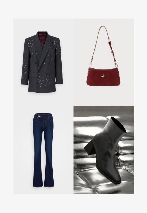 MAX&Co. VISCHIO - Blejzr - mittelgrau melange; Šedá dlouhá košile s bílými vertikálními pruhy, s límečkem a zipovým zapínáním. Má přiléhavý střih a zakřivený spodní lem.; Tmavě modré rozšířené džíny s vysokým pasem, dvěma předními kapsami a dvěma knoflíkovými zapínáními. Vyrobené z denimu s hladkou texturou.; Černá kotníková bota vyrobená z lesklého materiálu se čtveratou špičkou a zúženým podpatkem, umístěná na lesklém stříbrném prošívaném pozadí.; Červená semišová kabelka na rameno s křivkovým tvarem. Obsahuje stříbrný akcent a nastavitelné ucho se kovovými detaily. Hladký povrch.