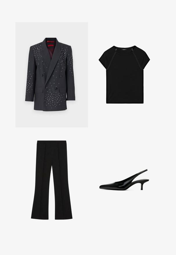 MAX&Co. VISCHIO - Blazer - mittelgrau melange; Zwarte top met korte mouwen, voorzien van een ronde halslijn en contrasterende witte stiksels langs de schouders en zijkanten. Zachte, gladde stof.; Zwarte tailored broek met een hoge taille, voorplooien, zijzakken en een lichte flare aan de benen.; Zwarte slingback schoen met puntige neus, afgewerkt in glanzend leer en met een dunne, lage hak. Bevat een uitsnede aan de zijkant voor ademend vermogen.