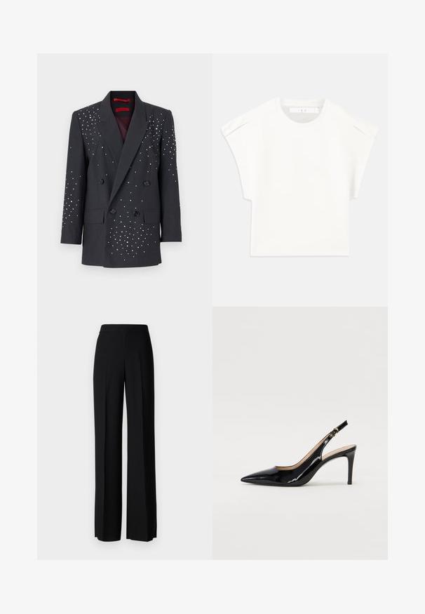 MAX&Co. VISCHIO - Kratka jakna - mittelgrau melange; Bijela majica u kutijastom kroju s kratkim rukavima. Izrađena od glatkog materijala, sa okruglim izrezom i suptilnim naglascima na ramenima. Jednostavan dizajn.; Crne široke hlače s glatkom teksturom, s visokim strukom i središnjim pregibima. Nema vidljivih uzoraka ili hardverskih detalja.; Crne lakirane slingback cipele s oštrim vrhom, uskim potpeticama i suptilnim izrezom. Sadrže zlatnu kopču na traku.