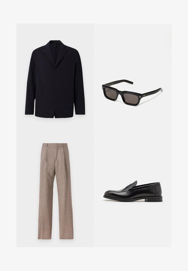Blazer navy en tissu texturé, à un bouton avec trois boutons, revers à cran, deux poches frontales et coupe décontractée.; Chemise blanche à manches longues avec boutons en coton, présentant une poche poitrine avec broderie ton sur ton, un col et des poignets boutonnés.; Pantalons marron taille haute en tissu texturé. Présente des jambes larges et deux plis avant pour la structure. Finition soignée sans matériel visible.; Mocassins en cuir noir avec une texture lisse, bout rond et une sangle décorative sur le dessus. Talon bas empilé, design minimaliste.; Lunettes de soleil noires rectangulaires avec des verres foncés, monture en plastique épais, accents dorés sur les branches et logo de la marque gravé sur le bras.