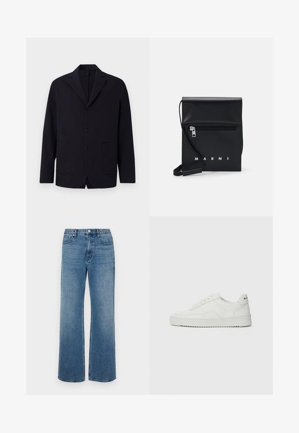 Mornarski blejzer iz teksturirane tkanine, jednoredni s tremi gumbi, zarezanimi reverji, dvema sprednjima žepoma in sproščenim krojem.; Icecream JUMBO RUNNING DOG - Potiskana majica - black; Modri široki jeans iz denima z izbledelim zaključkom. Imajo pet žepov, sprednje zapiranje na gumb in ravno krojenje.; Bela usnjena športna obutev z gladko površino, okroglo prst, ravne vezalke in teksturiran podplat. Ima diskretno logo na peti.; Črna usnjena torbica preko telesa z zadrgo na sprednjem žepu, embosiranim logotipom in nastavljivim trakom. Gladka tekstura z urejeno obliko.