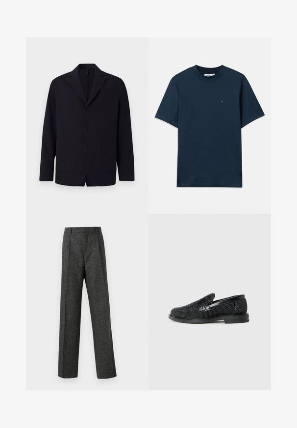 Marinblå kavaj i texturerat tyg, ensidig med tre knappar, slagkrage, två framfickor och en avslappnad passform.; Marinblå bomulls t-shirt med rund hals, kort ärm och en diskret logotyp tryckt på bröstet. Slät textur och klassisk passform.; Grå skräddarsydda byxor i texturerat tyg, med två framvikningar och rak bendesign. Inga synliga fickor eller utsmyckningar.; Svart vävd slip-on sko med en slät läderdetalj på ovansidan, med rund tådesign och en låg gummisula.