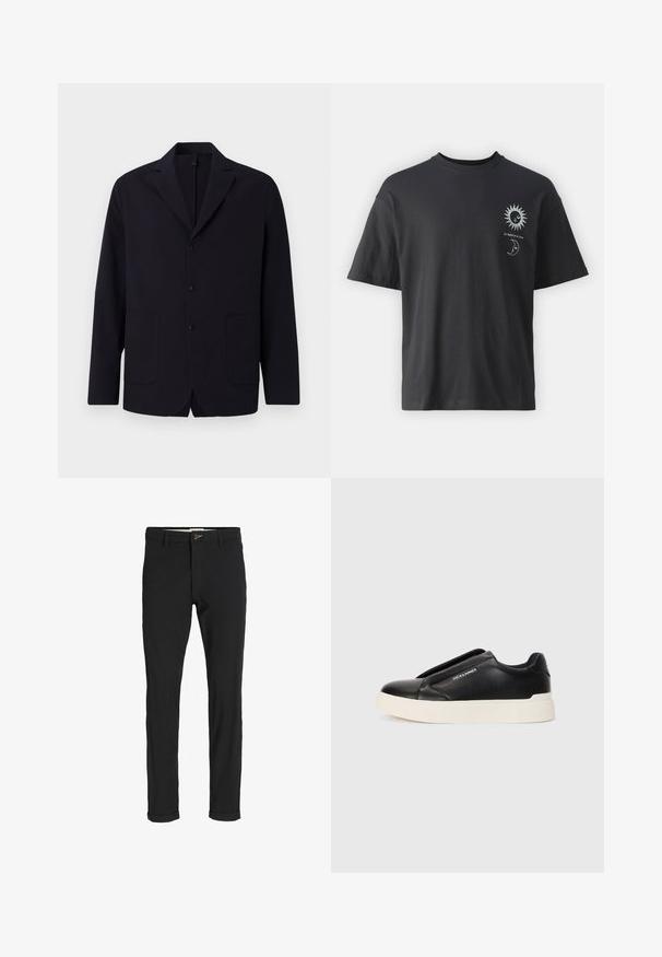 Navy blazer in textured fabric, single-breasted with three buttons, notch lapels, two front pockets, and a relaxed fit.; Black cotton t-shirt with short sleeves, round neck, and front graphics of a sun and moon, accompanied by text "Le Soleil et La Lune."; Black cotton blend pants with a slim fit, featuring a button closure, pockets, and rolled cuffs for a casual finish.; Black slip-on sneaker with textured leather upper, white rubber sole, and no visible laces. Features brand logo on the side.