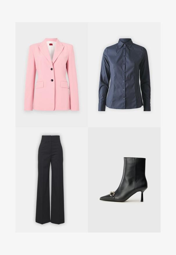 Vaaleanpunainen bleiseri, jossa on muotoonommeltu leikkaus, yksirivinen malli, kaksi etutaskua ja mustia nappikoristeita. Silkkinen kangas.; Laivansinis pitkähihaine paita, jossa on nappisuljenta edessä, terävä kaulus ja muotoiltu malli. Valmistettu sileästä, kevyestä kankaasta.; Suorat lahkeet mustassa kankaassa, korkea vyötärö, siisti viimeistely ja sileä pinta. Ei näkyvää varustusta tai kuvioita.; Musta nahkasaapas nilkkapituisilla, terävillä kärjillä, hoikalla keskipituisella korolla ja hopeavöillä sivussa yksinkertaista taustaa vasten.