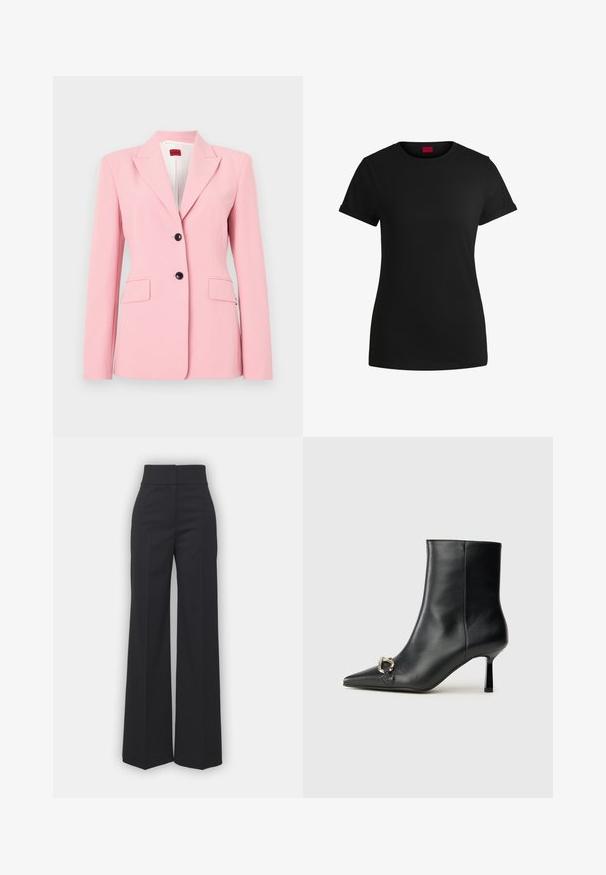 Lichtroze blazer met een getailleerde pasvorm, enkel-breasted ontwerp, twee voorzakken en zwarte knoopaccenten. Glad textuur van de stof.; Zwart katoenen T-shirt met korte opgerolde mouwen, een ronde halslijn en een rood label. Glad textuur, aansluitende pasvorm met minimale details.; Wijdvallende broek in zwarte stof met een hoge tailleband, met een schone afwerking en een gladde textuur. Geen zichtbare hardware of patronen.; Zwarte leren enkelboot met spitse neus, slanke middenhoge hak en zilveren gespdetail aan de zijkant op een effen achtergrond.
