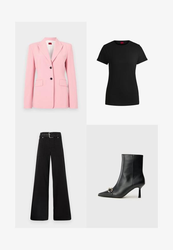 Heled roosa bleiser, millel on sobiv lõige, ühekordne disain, kaks esimest taskut ja mustad nupud. Sile kangast tekstuur.; Must must t-särk lühikeste keeratud varrukatega, ümmarguse kaeluse ja punase etiketiga. Sile tekstuur, sobiv kuju minimaalsete detailidega.; Mustad laiad mustad püksid, mis on valmistatud puuvillast, kõrge vöökoha, suurte küljetaskute ja kumerate rihmadega, kus on hõbedased detailid.; Must mustanvärvi nahast pahklinetopp, millel on terav nina, peen keskmise kõrgusega konts ja hõbedane keha detail külgedel, taustal lihtne taust.