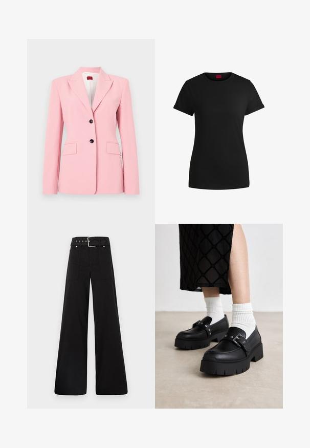 Light pink blazer with a tailored fit, single-breasted design, two front pockets, and black button accents. Smooth fabric texture.; Black cotton t-shirt with short rolled sleeves, a round neckline, and a red label. Smooth texture, fitted shape with minimal detailing.; Black wide-leg trousers made from cotton, featuring a high waist, large side pockets, and a belted waist with silver hardware accents.; Black platform loafers with a smooth leather finish, featuring a buckle detail and stud accents, paired with white ribbed socks.