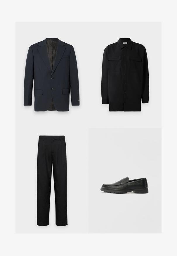 Blazer azul marinho, fecho de dois botões, lapelas em bico, dois bolsos frontais, tecido texturizado e um forro interno preto liso.; Camisa preta de botão, feita de um tecido suave, com golas clássicas, dois bolsos frontais e mangas longas com punhos abotoados.; Calças pretas feitas de tecido suave, com um design de perna reta, dois pregas frontais e uma cintura padrão com passantes para cinto.; Sapatos mocassins de couro preto com acabamentos lisos, parte superior em estilo mocassins, detalhes em costura e sola de borracha. Design clássico com um salto baixo.