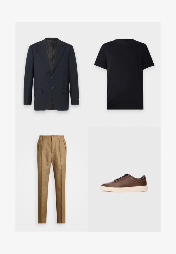 Námořnická modrá sako, dvoucestné zapínání, klopové límce, dvě přední kapsy, texturovaná tkanina a hladká černá podšívka.; Černé tričko s krátkým rukávem vyrobené z hladké bavlny, s kulatým výstřihem a klasickým střihem, bez vzorů a viditelného kovového příslušenství.; Hnědé kostkované kalhoty se strukturovaným střihem, s tolikovým předním dílem, dvěma bočními kapsami a zapínáním na knoflík. Hladká textura s propracovaným designem.; Hnědé kožené tenisky s hladkým povrchem, zaoblenou špičkou a krémovou gumovou podrážkou. Mají černé tkaničky a jemné značení na boku.
