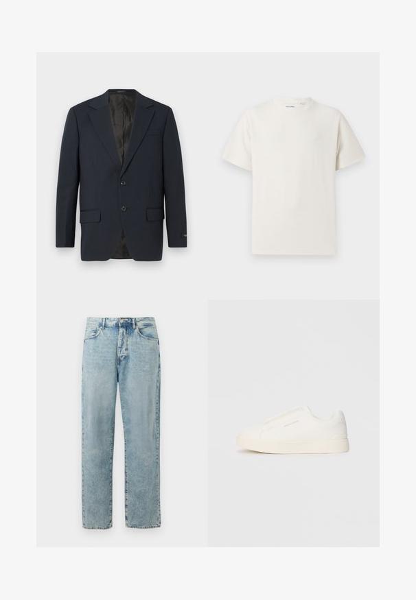 Navy blue blazer, two-button closure, notch lapels, two front pockets, textured fabric, and a smooth black interior lining.; White short-sleeve T-shirt in a ribbed texture. Round neckline, relaxed fit, no visible patterns or accents. Simple and versatile design.; Light blue straight-leg denim jeans with a button and zipper closure, front pockets, and subtle faded detailing.; White slip-on sneakers with a textured surface, a thick sole, and minimalistic design. Features brand logo on the side.