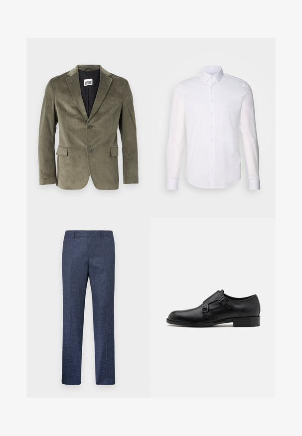 DRYKORN YAMES - Giacca - green; Camicia bianca a maniche lunghe con bottoni realizzata in cotone, caratterizzata da un colletto classico, bottoni frontali e dettagli di cucitura minimal.; Pantaloni blu navy realizzati in un tessuto texturizzato, con gamba dritta, davanti piatto e due tasche laterali. Nessun motivo o dettaglio visibile.; Scarpa da uomo in vera pelle nera con doppie fibbie, silhouette elegante e punta tonda. Presenta un tacco basso e una texture liscia.