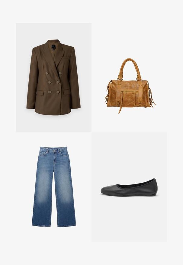 Blazer marron à doubles boutons avec revers en pointe, deux poches avant et six boutons ronds. Tissu lisse et coupe ajustée.; Cardigan blanc court avec une texture tricotée, des bords festonnés, de longues manches évasées et un cordon de serrage à l'avant.; Haut à manches longues de couleur crème avec un décolleté en V, orné de délicates bordures en dentelle au niveau du col et d'accents en dentelle aux poignets. Texture de tissu douce.; Jean en denim bleu clair à jambes larges avec un aspect délavé, cinq poches et une fermeture à bouton à la taille. Matière en coton, coupe droite.; Ballerines en cuir noir avec un bout rond, texture lisse, détails de couture minimalistes et design de semelle flexible.; Sac à main en cuir tan avec deux poignées courtes, poche zippée, accents en métal et glands décoratifs sur les côtés. Texture douce avec une finition légèrement froissée.