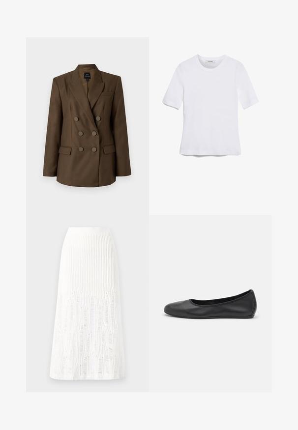 Dvoredni smeđi sako s vrhunskim reverima, dva prednja džepa i šest okruglih dugmadi. Glatka tkanina i kroj prilagođen tijelu.; Bijela majica s kratkim rukavima izrađena od rebraste tkanine. Okrugli izrez, klasičan kroj i suptilni detalji šivanja. Bez uzoraka ili grafika.; Pleteni bijeli midi suknja s teksturiranim uzorkom sa vertikalnim linijama i izrezanim detaljima blizu rubova. Elastična visoka struk. Mekani materijal.; Crne kožne baletanke s zaobljenim vrhom, glatke teksture, minimalnim detaljima šavova i fleksibilnim dizajnom potplata.