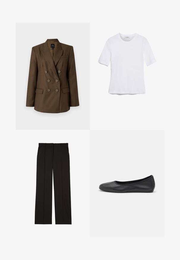 Dvolapni rjav blazer s vrhnjimi reverji, dvema sprednjima žepoma in šestimi krožnimi gumbi. Gladko blago in krojenje po meri.; Bela kratka majica s kratkimi rokavi iz rebrastega materiala. Okrogla ovratnica, običajen kroj in subtilni šivi. Brez vzorcev ali grafik.; Črne krojene hlače iz gladkega materiala, s straight-leg obliko in dvema stranskima žepoma. Elegantna in minimalistična zasnova.; Črne usnjene balerinke z zaobljenim nosom, gladko teksturo, minimalnimi šivi in fleksibilno zasnovo podplata.