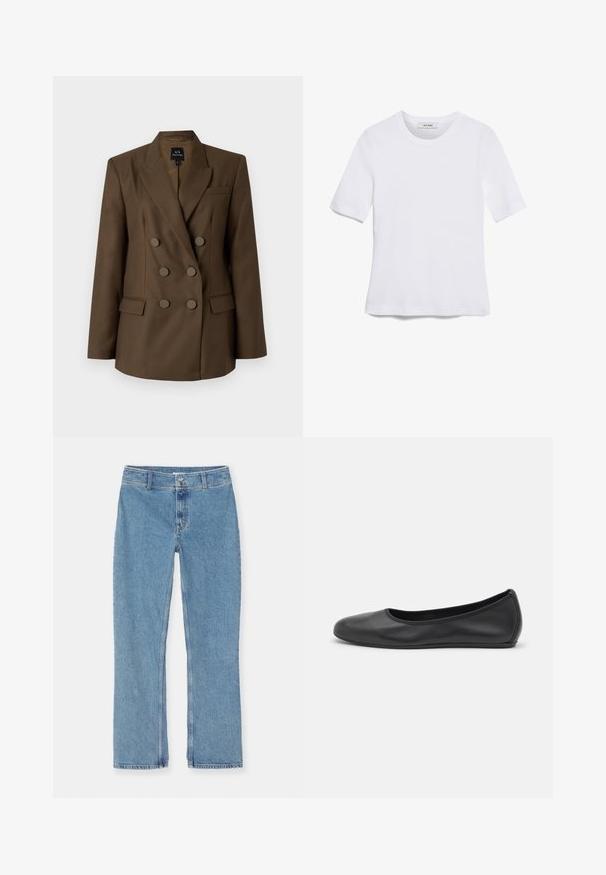 Divpogas brūna bleizera ar izgrieztām lapelām, diviem priekšējiem kabatām un sešām apaļām pogām. Gluda auduma un piegriezuma fit.; Balta īsām piedurknēm T-krekls, izgatavots no ribota auduma. Apaļš izgriezums, regulāra piegriezuma un diskrēti šuvumu detaļas. Bez printiem vai grafikām.; Gaiši zili taisni džinsi ar pogu un rāvējslēdzēju, jostas cilpām un standarta šuvēm uz balta fona.; Melna ādas baleta kurpe ar noapaļotu purngalu, gludu tekstūru, minimālu šuvju detalizāciju un elastīgu zoles dizainu.