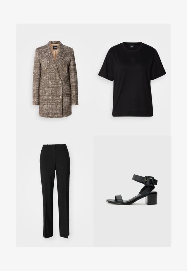Palton maro cu model herringbone, dublu rând de nasturi, cu nasturi bej și rever cu decupaj. Două buzunare frontale și o căptușeală netedă.; T-shirt negru din bumbac, cu guler rotund, mâneci scurte și un logo brodat pe piept. Design simplu, cu o croială relaxată și fără modele.; Pantaloni negri tailor-ed cu un design drept, având o textură fină și cute clare pe față. Fără elemente de prindere vizibile.; Sandale cu toc din piele neagră, cu bareta de gleznă ajustabilă, design cu vârf deschis și toc pătrat. Textură netedă, stil minimal.