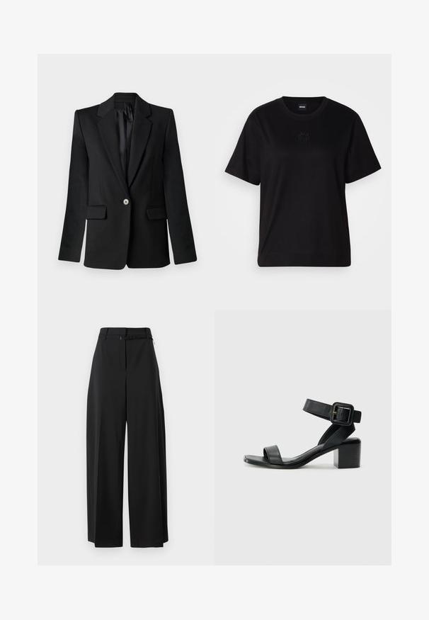 Μαύρο σακάκι με αποκομμένες πέτες, κλείσιμο με έναν μόνο κουμπί, δύο μπροστινές τσέπες και διαρθρωτούς ώμους. Λείο ύφασμα με κομψή γραμμή.; Μαύρο βαμβακερό μπλουζάκι με στρογγυλή λαιμόκοψη, κοντά μανίκια και κεντημένο λογότυπο στο στήθος. Απλή, χαλαρή γραμμή χωρίς σχέδια.; Μαύρο παντελόνι με φαρδιά ποδιά, ψηλή μέση και ζώνη. Διαθέτει λεία υφή και καθαρές γραμμές, σχεδιασμένο για άνετη εφαρμογή.; Μαύρη δερμάτινη σάνταλη με τακούνι και ρυθμιζόμενο λουράκι αστραγάλου, ανοικτή μύτη και τετράγωνο μαύρο τακούνι. Λείο υλικό, μινιμαλιστικό στυλ.