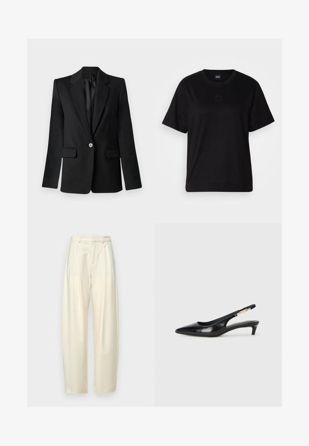 Blazer negru cu rever înclinat, închidere cu un singur buton, două buzunare frontale și umeri structurați. Material neted cu o croială adaptată.; T-shirt negru din bumbac, cu guler rotund, mâneci scurte și un logo brodat pe piept. Design simplu, cu o croială relaxată și fără modele.; Pantaloni plisati, cu talie inalta, dintr-un material crem deschis. Prezintă o croială dreaptă și o textură netedă. Fără buzunare sau accesorii vizibile.; Sandale slingback din piele neagră cu vârf ascuțit, având un toc subțire și un accent de culoare aurie pe curea ajustabilă. Textură netedă.