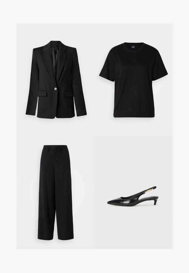Juodas švarkas su iškirptais antkrūtiniais, vieno mygtuko uždarymu, dviem priekinėm kišenėm ir struktūruotais pečiais. Lygus audinys, pritaikytas modelis.; Juodas medvilninis marškinėliai su apvalia iškirpte, trumpomis rankovėmis ir siuvinėjimu ant krūtinės. Paprastas, laisvas siluetas be raštų.; Juodi plačių kojų kelnės, pagamintos iš lygaus audinio, su plokščiu priekiniu dizainu, raukšlėtėmis ir diržo kilpomis ant juosmens.; Juodas odinis pavasario batelių modelis su smailiu nosiu, turintis siaurą kulniuką ir auksinės spalvos akcentu reguliuojamoje juostoje. Lygi tekstūra.
