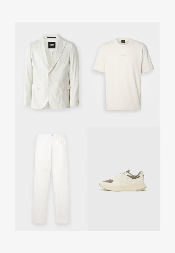 Ανοιχτό μπεζ σακάκι από μείγμα βαμβακιού, με κανονικό κολάρο, κλείσιμο με έναν μόνο κουμπί, δύο μπροστινές τσέπες και διακριτή υφή.; BOSS TEE - Βασικό μπλουζάκι - open white; Λευκά παν trousers κατασκευασμένα από μαλακό ύφασμα, με ευθεία σχεδίαση, πτυχές μπροστά και κλείσιμο με ένα κουμπί στη μέση.; Λευκό και ανοιχτό μπεζ αθλητικό παπούτσι, με επάνω μέρος από διχτυωτό υλικό, διακοσμήσεις με περφορέ και υφή στην ενδιάμεση σόλα με επωνυμία στη φτέρνα.