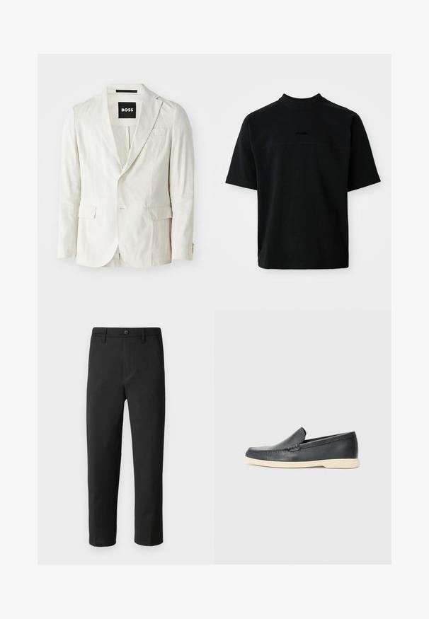 Light beige blazer made from cotton blend with a notched lapel, single button closure, two front pockets, and a subtle texture.; Black short-sleeve t-shirt made of cotton with a high neck, featuring a smooth texture and subtle logo in the center.; Black trousers with a straight cut, made from smooth fabric. Features a button closure and belt loops. No visible patterns or accents.; Black leather slip-on loafers with a textured finish and a contrasting beige rubber sole. Features a subtle accent along the front.