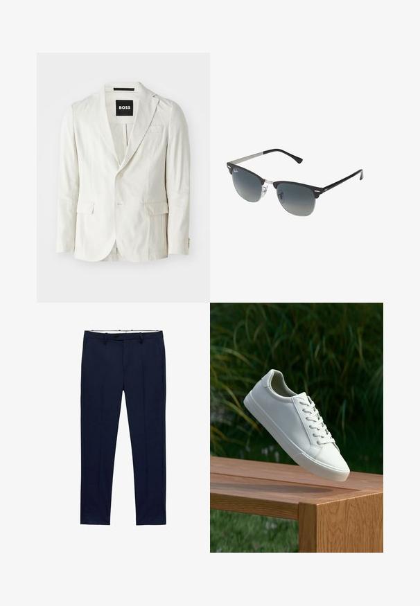 Vaaleanbeige bleiseri, joka on valmistettu puuvillasekoitteesta, jossa on leikkaukset lapelissa, yksittäinen nappisuljin, kaksi etutaskua ja hienovarainen kangasrakennetta.; Valkeat lyhythihaiset t-paidat pinottuna, valmistettu puuvillasta. Ominaisuuksina pyöreä kaula-aukko ja suora leikkaus. Kangas näyttää sileältä ilman kuvioita.; Tummansiniset housut, joissa on kapea malli ja viivoituskuvio. Varustettu vetoketjulla, vyölenkeillä ja etutaskuilla. Sujuva kangas.; Valkoiset nauhalla kiinnitettävät lenkkarit leijuvat puupenkillä, taustalla vihreää kasvillisuutta, tuoden esiin kengän muotoilua ja pintarakennetta.; Mustat ja hopeiset aurinkolasit, joissa on kissansilmämuoto, gradientti linssit ja metalliset yksityiskohdat kehysissä. Muoviset sangan päät harmaat.