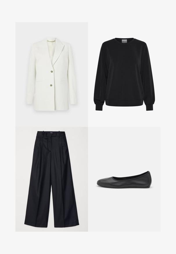 White blazer made of smooth fabric; features a notch lapel, two front pockets, and gold-tone button closures. Simple, structured design.; Black sweatshirt with long sleeves, crew neck, and ribbed cuffs. Features a smooth texture and a subtle logo detail on the front.; Black wide-leg trousers made of smooth fabric, featuring a high waist, pleats, and a tailored design. Simple black hardware at the waist.; Black leather ballet flat with a rounded toe, smooth texture, minimal stitching detail, and a flexible sole design.