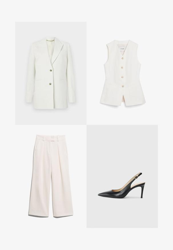 Baltas švarkas, pagamintas iš lygaus audinio; turi įpjautą apykaklę, dvi priekinės kišenes ir aukso spalvos sagas. Paprastas, struktūruotas dizainas.; Balta be rankovių liemenė su prigludusia forma, šešiais apvaliais mygtukais ir dviem priekinių kišenėlių. Pagaminta iš lygaus audinio su švariu apdaila.; Platūs kelnės šviesiai kreminės spalvos, pagamintos iš glotnaus audinio, su dviem priekinių kišenių ir matoma siūlėmis ant juosmens.; Juodos odinės slingback aukštakulnės bateliai su smailiu nosiu, reguliuojama juosta ir elegantišku stiletto kulnu, pasižymintys lygia apdaila.