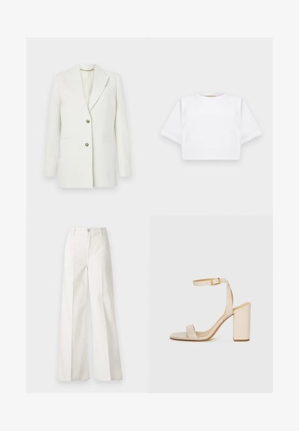 Bílý blejzr vyrobený z hladkého materiálu; obsahuje klopu, dvě přední kapsy a zlaté knoflíkové zapínání. Jednoduchý, strukturovaný design.; Zkrácené bílé tričko vyrobené z měkké látky, má krátké rukávy, kulatý výstřih a žebrované detaily na lemech. Jednoduchý a nezdobený design.; Bílé volné kalhoty vyrobené z bavlny s hladkou texturou. Obsahují přední knoflík, zip a design se čtyřmi kapsami.; Béžová sandál s vysokým podpatkem, čtveratou špičkou, tenkým kotníkovým páskem a blokovým podpatkem. Hladká kožená textura s detaily ve zlaté barvě.
