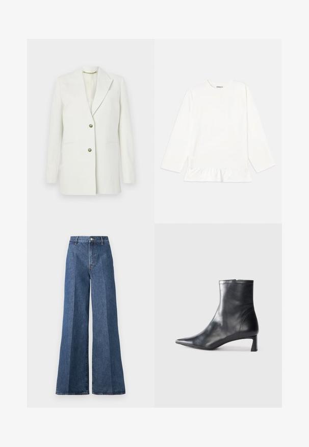 Valge bleiser siledast kangast; omadused sisaldavad nurgaklejuga krae, kahte esikotti ja kulla tooni nuppe. Lihtne, struktureeritud disain.; Valge pika varrukaga särk pehmest kangast, millel on volangiga äär. Disain sisaldab ümmargust kaelust ja diskreetset brändimist rindade piirkonnas.; Laiad sinised denimpüksid kõrge vöökohtusega, klassikalise viie taskuga ja nööpkinni, valmistatud tekstureeritud puuvillakangast.; Mustad mustall nahkasaabas terava nina ja stiilse disainiga. Omab madalat konts ja luku sulgemist taga. Sile tekstuur.