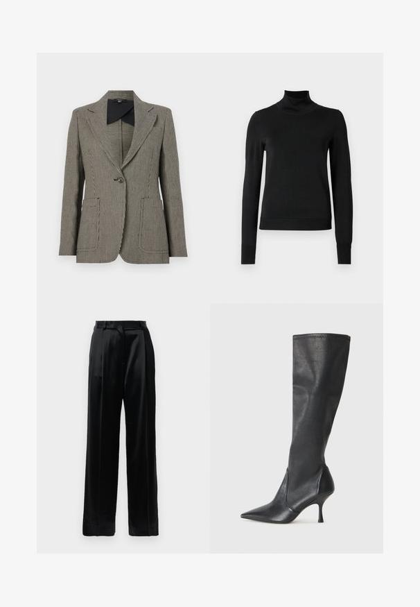 Blazer s houndstooth vzorom v čierno-bielej farbe, s vykrojeným golierom, jedným zapínaním na gombík a dvoma prednými vreckami.; Čierny dlhý rukáv rolák s rebrovanými manžetami a lemom, zobrazený na čistej bielej pozadí.; Čierne saténové nohavice s vysokým pásom a širokými nohavicami, s pútkami na opasok a s plochým uzatváraním na bielom pozadí.; Čierne kožené čižmy do výšky kolien s špicatou špičkou a úzkym stiletto podpätkom. Hladká textúra s priliehavým dizajnom a prešitím na vrchnom okraji.