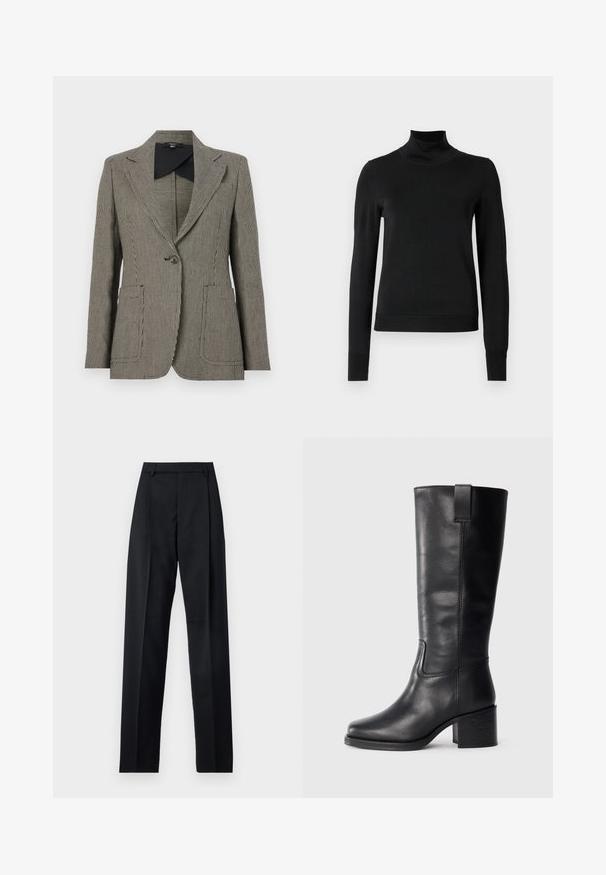 Marynarka w wzór houndstooth w czarno-białym kolorze, z wyłogowym kołnierzem, zapięciem na jeden guzik i dwiema przednimi kieszeniami.; Czarny sweter z długim rękawem i stojącym kołnierzem, z prążkowanymi mankietami i dołem, zaprezentowany na białym tle.; Czarne spodnie wykonane z gładkiego materiału, z wysokim stanem, szerokimi nogawkami, fałdami z przodu i klasycznymi szlufkami na pasek. Brak widocznych kieszeni bocznych.; Czarne skórzane botki do kolan o gładkiej fakturze, kwadratowym nosku, słupku oraz bocznym uchwycie, z minimalistycznymi detalami w postaci szwów.