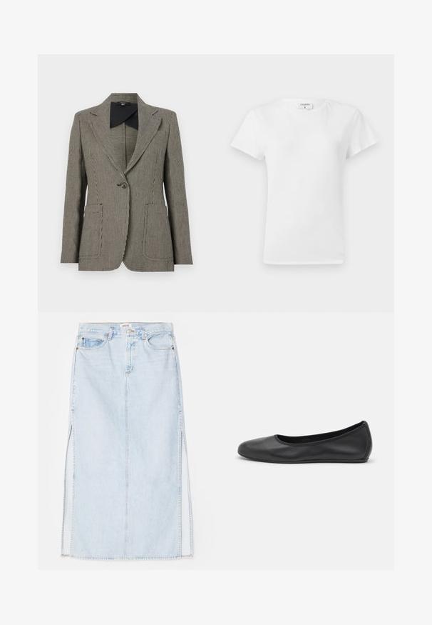 Sacou cu model houndstooth în alb și negru, având guler cu zimți, închidere cu un singur nasture și două buzunare frontale.; Tricou alb din bumbac, cu guler rotund și mâneci scurte, având o croială lejeră și un design minimalistic. Eticheta este vizibilă la gât.; Fustă maxi din denim de culoare albastru deschis, cu croială dreaptă, având slituri laterale și design cu cinci buzunare. Cusături evidente și închidere cu nasture metalic.; Balerini din piele neagră, cu vârf rotund, textură netedă, detalii de cusătură minimale și un design al tălpii flexibil.