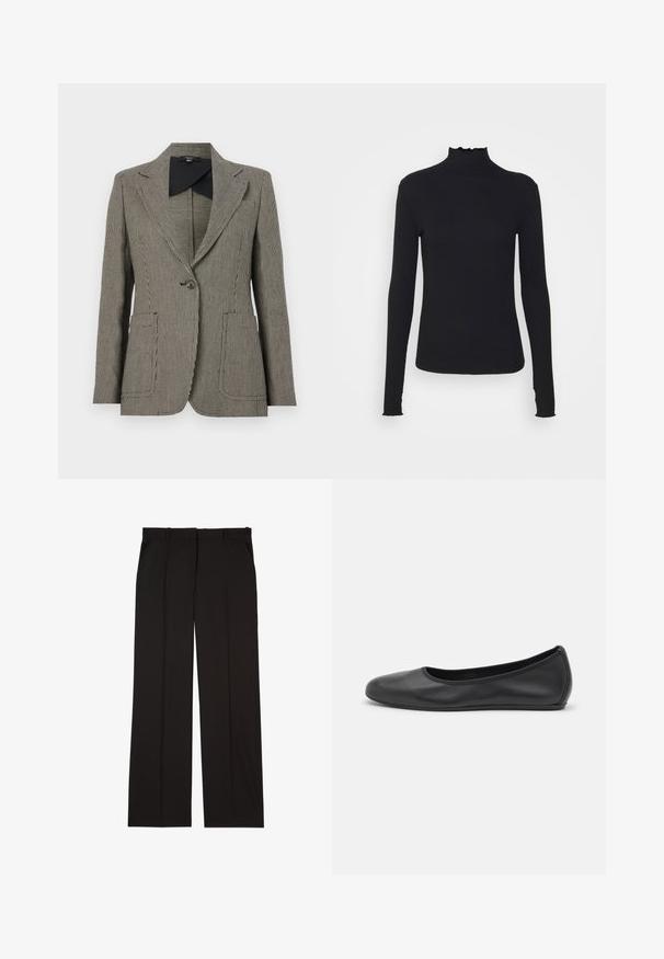 Blazer s houndstooth vzorom v čierno-bielej farbe, s vykrojeným golierom, jedným zapínaním na gombík a dvoma prednými vreckami.; Čierny dlhý rukáv turtleneck top vyrobený z hladkej látky, s volánovým golierom a priliehavou siluetou s jednoduchými okrajmi.; Čierne oblekové nohavice z hladkej látky, s rovnými nohavicami a dvoma bočnými vreckami. Elegantná a minimalisticá konštrukcia.; Čierne kožené baleríny s okrúhlou špičkou, hladkým povrchom, minimálnym prešívaním a flexibilným dizajnom podrážky.