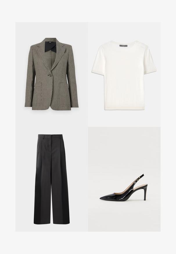 Mustekakkakuosiset takki mustavalkoisena, jossa on viistot kaulukset, yksittäinen nappisulku ja kaksi etutaskua.; Valkoinen lyhythihainen neulepaita, jossa on pyöreä kaula-aukko. Paidan pinnassa on sileä rakenne ja hihansuissa sekä helmassa hienostuneet ribbineulekoristeet.; Mustat, leveälahkeiset housut korkealla vyötäröllä, etupleiteillä, sileällä pinnalla ja huolitellulla viimeistelyllä. Suunniteltu rentoon istuvuuteen.; Musta lakattu nahkainen slingback-korkokenkä, jossa on terävä kärki, kapea korko ja hillitty leikkaussuunnittelu. Varressa on kultainen solki.