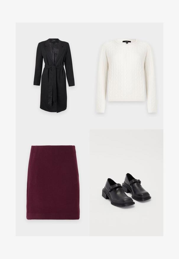 Cămașă lungă neagră dintr-un material texturat, cu rever ascuțit, mâneci lungi și o curea asortată legată la talie. Căptușeală din satin neted.; Pulover alb din tricot cu model de cable, cu mâneci lungi, guler rotund și un detaliu decorativ cu perlă la guler. Textură moale și design strâns.; Vero Moda VMFORTUNALLISON SHORT - Fustă în formă de A - winetasting; Pantofi din piele neagră cu vârf rotunjit, talpă plată și o curea cu detaliu de cataramă. Toc gros pentru o stabilitate suplimentară.