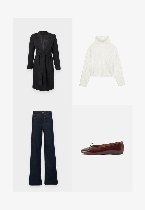 Fekete, hosszú kabát texturált anyagból, csúcsos hajtókával, hosszú ujjakkal és derékon megkötött, passzoló övvel. Sima szatén bélés.; Fehér kötött garbó pulóver, cropped fazonnal, bordás ujjak és alj található rajta. Puha tapintású, kényelmes, vastag dizájnnal.; Sötétkék, bársonydzsemka széles lábú farmernadrág elülső zsebekkel, övhurkokkal és gombos zárással.; Burgundi lakkbőr balettcipő kerek orral, elöl kis masni díszítéssel és alacsony, fekete gumi talppal. Simára csiszolt felület.