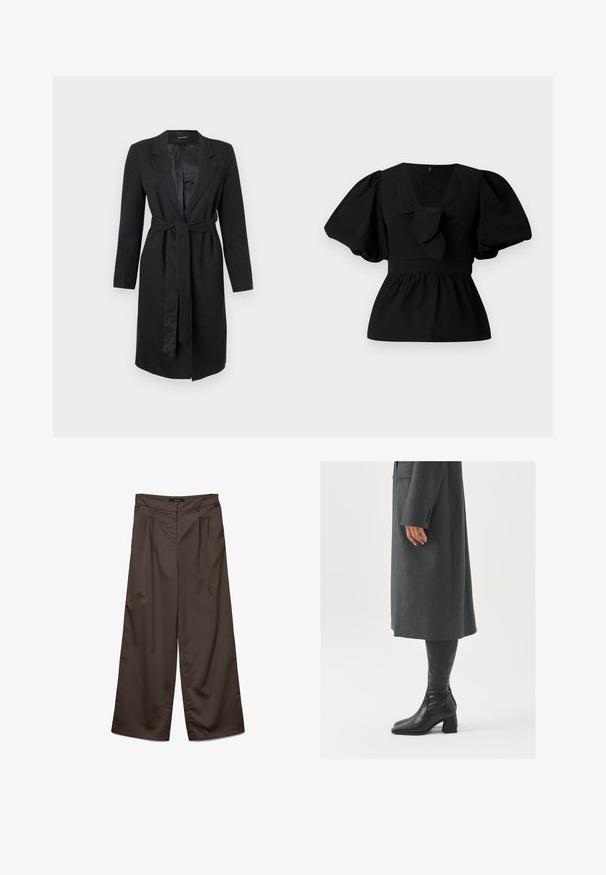 Črn dolg plašč iz teksturirane tkanine, z vrhnjim ovratnikom, dolgimi rokavi in ujemajočim se pasom na vezavo v pasu. Gladko satensko podloženo.; Črna bombažna bluzica z V-izrezom, nabranimi rokavi in veznim poudarkom v pasu. Bodice je nabrana za peplumski kroj.; Hlače širokega kroja v temno rjavi tkanini z gladko teksturo. Značilnosti vključujejo gube spredaj in standarden pas.; Siv prešita zimska plašča ravnega kroja; obuta z visokimi črnimi usnjenimi škornji, ki imajo kvadratni nos in debel pet.