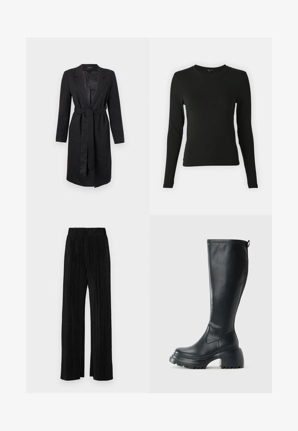 Mustum pikk mantel, mis on valmistatud tekstuuriga kangast, millel on terav krae, pikad varrukad ja sobiv seotud vöö talje juures. Sile satiinvooder.; Musthave mustrükkis musta värvi, suletud varrukatega, millel on sile kangas, ümar kaelus ja vormikas lõige, ilma nähtavate mustrite või aktsentideta.; Mustad pleekitud püksid elastse vöökohtaga. Omavad laiad jalad ja sujuvat, tekstureeritud kangast vertikaalsete triipudega.; Kõrge must nahksaapad, millel on massiivne platvormi tald ja blokk-kand, varustatud tõmbenööriga ja tekstuuriga väljatõmbejääk.