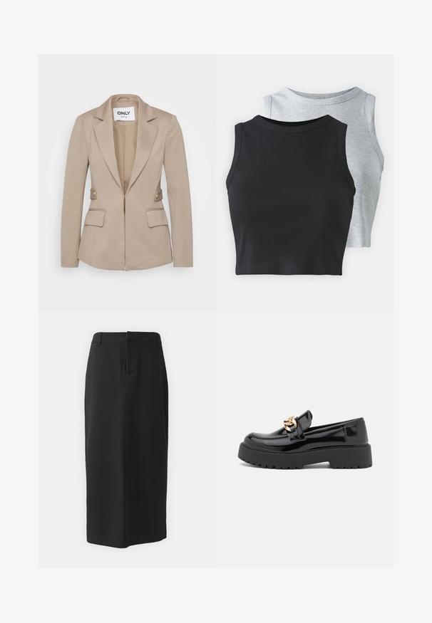 Beige fitted blazer made of textured fabric, featuring a notched collar, front zip, two front pockets, and gold-tone button accents.; Even&Odd Petite 2 PACK - Top - light grey/black; Black pencil skirt, knee-length, made of smooth fabric. Features a back slit and side pockets, with a simple design and neutral color.; Black patent leather loafers with a chunky black sole and gold hardware detailing. Smooth texture and rounded toe design.