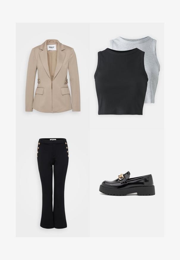 Bežinis prigludęs švarkas, pagamintas iš tekstūruotos medžiagos, su nupjautu apykaklėmis, priekiniais užtrauktukais, dviem priekiniais kišenėmis ir auksinės spalvos mygtukų detalėmis.; Even&Odd Petite 2 PACK - Viršus - light grey/black; Juodi plačios kelnės, pagamintos iš lygaus audinio, su auksiniais mygtukais prie liemenio, suteikiančiais stiliaus akcentą, ir prigludusia siluetu.; Juodi patentiniai odiniai loaferiai su masyviu juodu padu ir auksiniais detalėmis. Lygus paviršius ir apvalus pirštų dizainas.