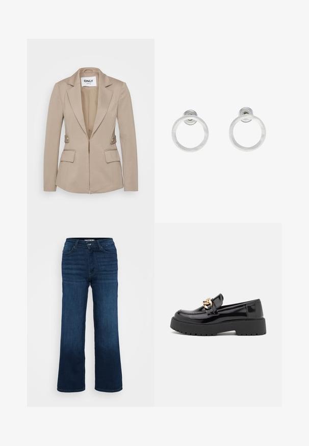 Krémový přiléhavý blejzr z texturované látky, s klopovým límcem, předním zipem, dvěma předními kapsami a zlatými knoflíkovými akcenty.; Even&Odd Petite 2 PACK - Top - light grey/black; ONLY Petite ONLMADISON BLUSH WIDE - Wide leg - dark blue denim; Černé lakované kožené polobotky s masivní černou podešví a zlatými detaily. Hladký povrch a design s zaoblenou špičkou.; Stříbrné kovové kruhové náušnice s broušenou texturní úpravou, s kulatým designem a průhledným záznamem pro bezpečné nošení.