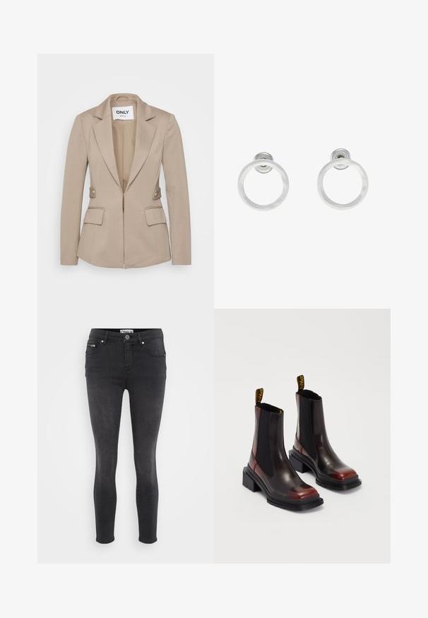 Bež ženski blazer, prilegajočega kroja, narejen iz teksturiranega blaga, z okroglimi štrnami, sprednjim zadrgo, dvema sprednjima žepoma in zlatimi gumbi.; Even&Odd Petite 2 PACK - Top - light grey/black; Črne tanke kavbojke iz denima. Imajo sprednji gumb za zapiranje in zadrgo na pasu. Gladka tekstura z minimalnim bledenjem.; Dr. Martens MAYBOLE CHELSEA - Gležnjarji s platformo - black/cherry red; Srebrni kovinski obročasti uhani z brušenjem, s krožno obliko in prozornim zatičem za varno nošenje.