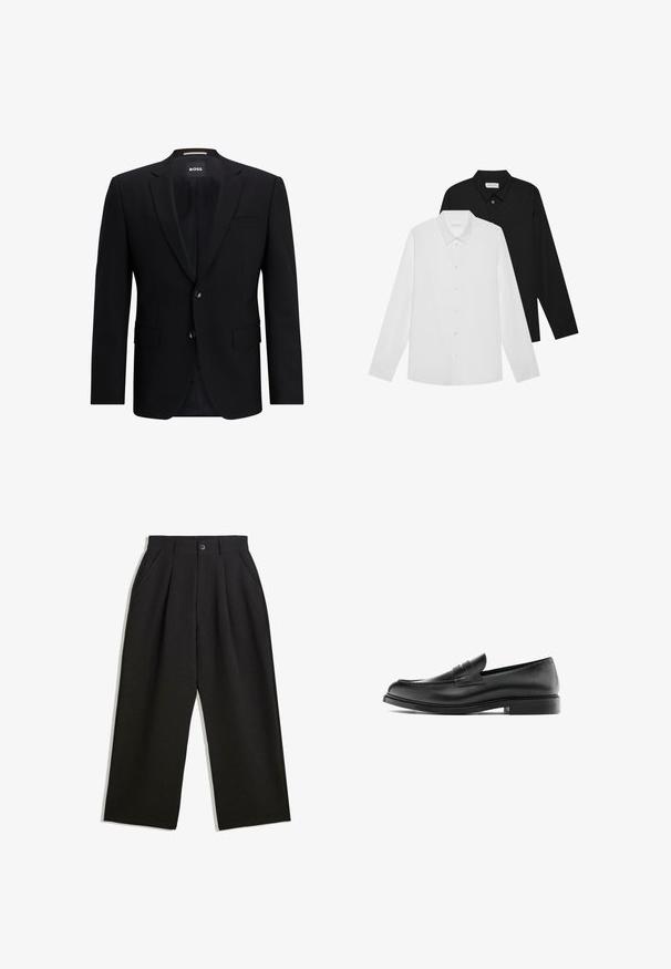 Svart ensidig blazer i slätt tyg. Har två knappar, slagkragar och två framfickor. Fodrad insida.; Vita och svarta skjortor med lång ärm, spetsiga kragar, knappar fram och en slät tyger. Etiketter synliga på insidan av halsen.; Svarta byxor med avslappnad passform, utrustade med veck fram, sidofickor och knappstängning. Tillverkade av strukturerad tyg.; Svarta läderpennyloafers med låg klack, rund tå och sydd detalj längs ovandelen, visad i sidoprofil mot en vit bakgrund.