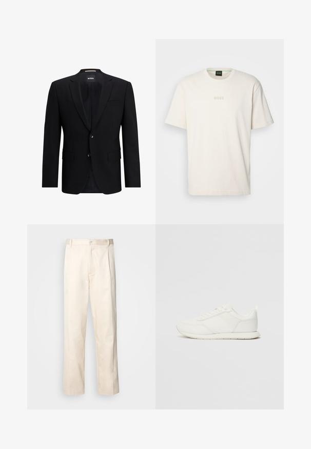 Juodas vieno mygtuko švarkas, pagamintas iš lygaus audinio. Yra du mygtukai, notch tipo apykaklės ir dvi priekinės kišenės. Pamušalas viduje.; BOSS TEE - Paprasti marškinėliai - open white; Bežinės medvilninės kelnės su tiesiu kirpimu, turinčios mygtuko uždarymą ir priekyje raukšles papildomai dekoratyviam akcentui.; Balti sportbačiai su tinkline ir sintetine viršutine dalimi, apvaliu nosiu, plokščiomis raištelėmis ir tekstūruota šonine juosta. Guma, kurios padas su vilkimo kilpute gale.