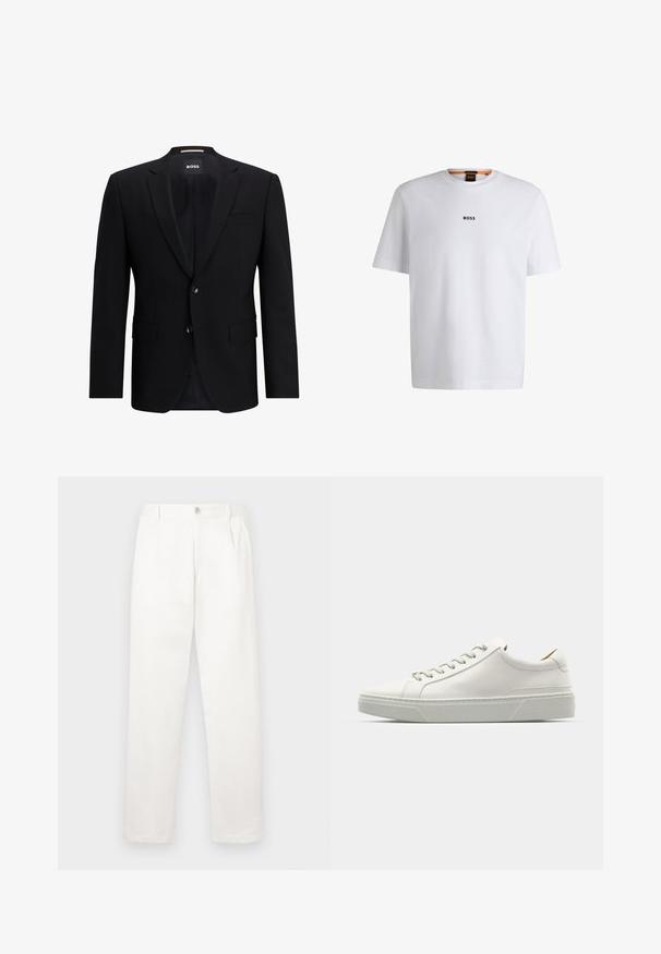 Juodas vieno mygtuko švarkas, pagamintas iš lygaus audinio. Yra du mygtukai, notch tipo apykaklės ir dvi priekinės kišenės. Pamušalas viduje.; Balta medvilninė marškinėliai trumpomis rankovėmis, su juodu "BOSS" logotipu, centruotu ant krūtinės, ir apvaliu kaklo dizainu.; Balti kelni, pagaminti iš lygaus audinio, turi tiesią kojos konstrukciją, priekinę klostę ir vieną mygtuką juosmens srityje.; Baltos odinės sportinės bateliai su apvaliu nosiu, minimalizmo dizainu, pilkais raišteliais ir tekstūruota pilka guma. Matomi subtilūs siuvinėjimo detalės.