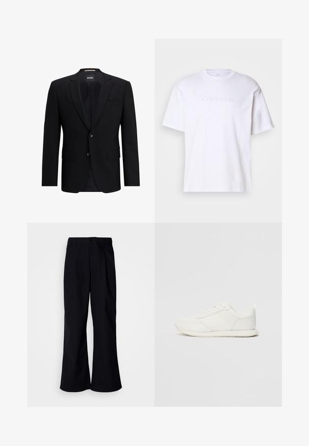 Černý jednoradový blazer vyrobený z hladkého materiálu. Obsahuje dva knoflíky, klopový límec a dvě přední kapsy. Podšívka uvnitř.; Bílý bavlněný tričko s krátkým rukávem, se zvýšeným logem Calvin Klein ve středu. Klasický design s kulatým výstřihem. Hladká textura.; Černé široké kalhoty vyrobené z bavlny s předním záhybem, s knoflíkovým zapínáním a poutky na pásek, hladká textura a bez viditelných vzorů.; Bílé tenisky s vrchní částí z síťoviny a syntetického materiálu, kulatou špičkou, plochými tkaničkami a texturovaným bočním pruhem. Gumová podrážka s poutkem vzadu.